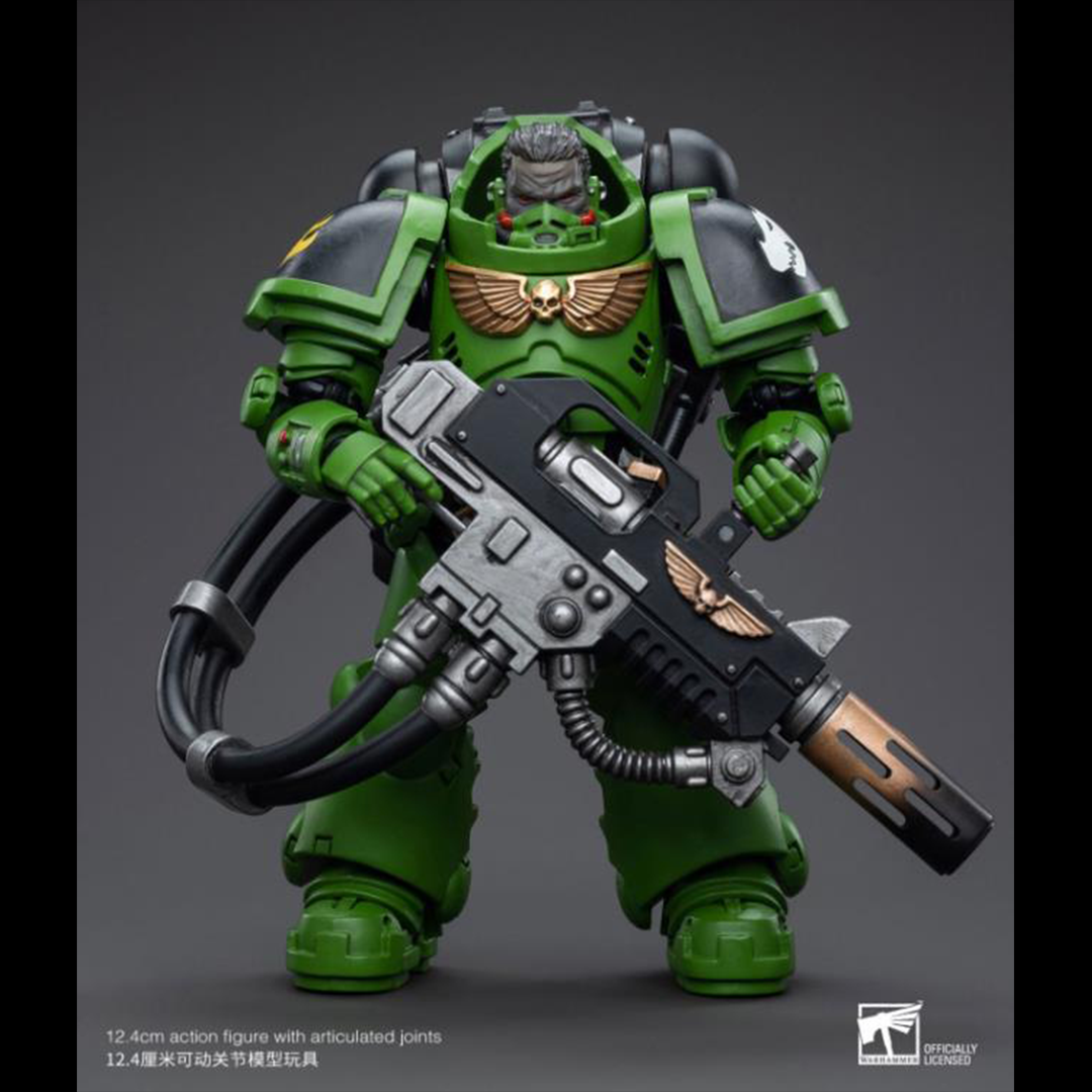 Hailing from a volcanic and unstable world, the Space Marine Chapter of the Salamanders take great care to avoid human casualties during their wars against Chaos. Deeply embedded in the Promeathan Cult, these warriors hone their skills to a lethal edge to protect Humanity. Each figure typically includes interchangeable hands and weapon accessories and stands between 4" and 6" tall. Wielding a deadly flamethrower, Brother T'Kren has a grim satisfaction of leaving purifying flames in his wake.
