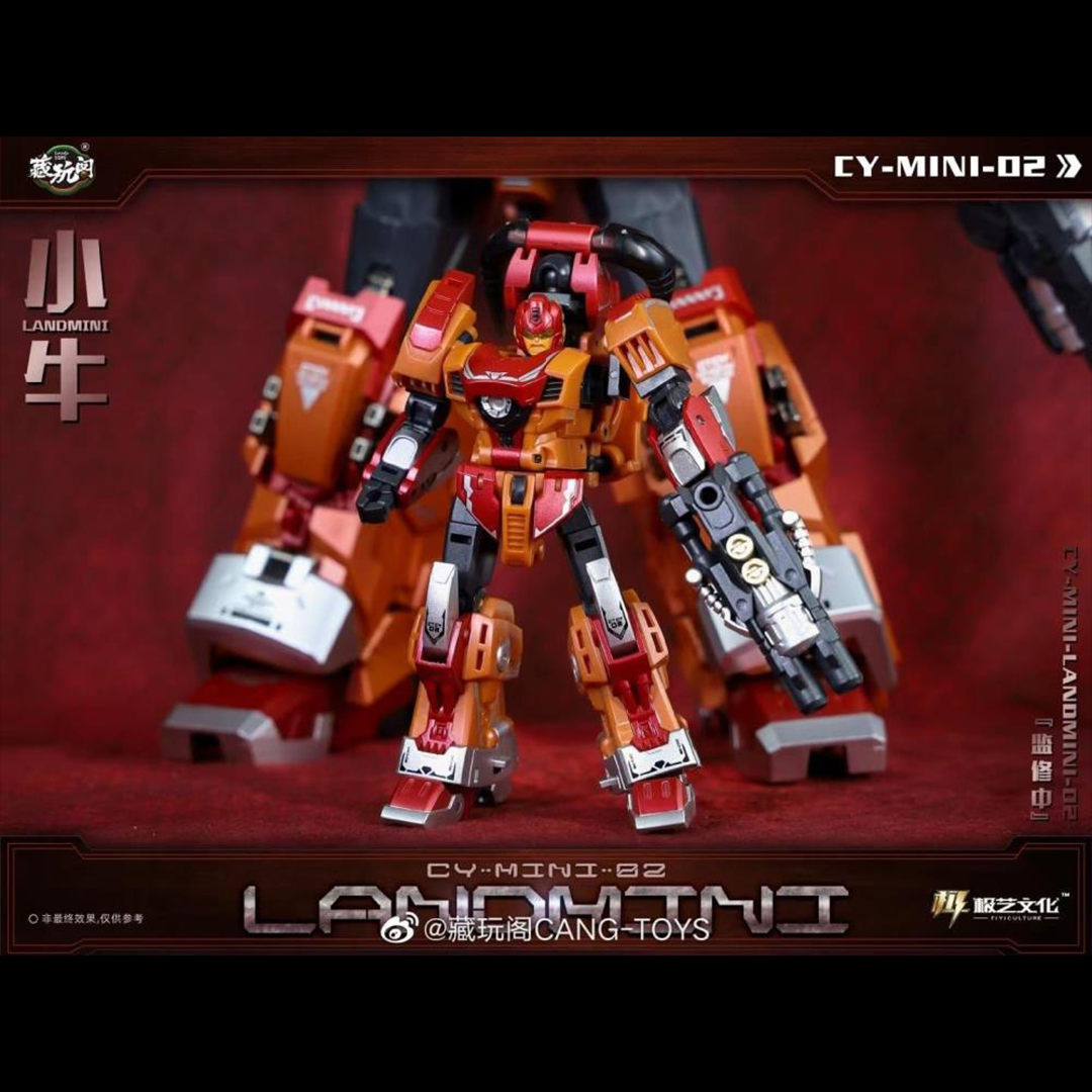 The CY-Mini-02 Landmini converts into a bull-like creature from a robot and forms the leg of a mini combining figure. Landmini stands about 3.75 inches tall in robot mode and comes with a blaster and sword for weapons. CT-Chiyou-02 Landbull not included