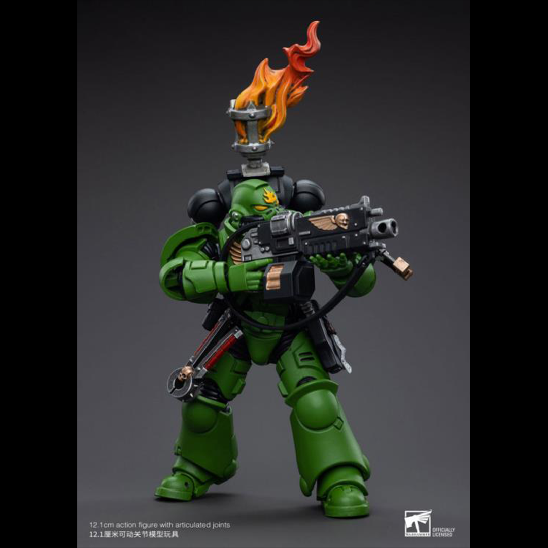 Hailing from a volcanic and unstable world, the Space Marine Chapter of the Salamanders take great care to avoid human casualties during their wars against Chaos. Deeply embedded in the Promeathan Cult, these warriors hone their skills to a lethal edge to protect Humanity. Each figure typically includes interchangeable hands and weapon accessories and stands between 4" and 6" tall.