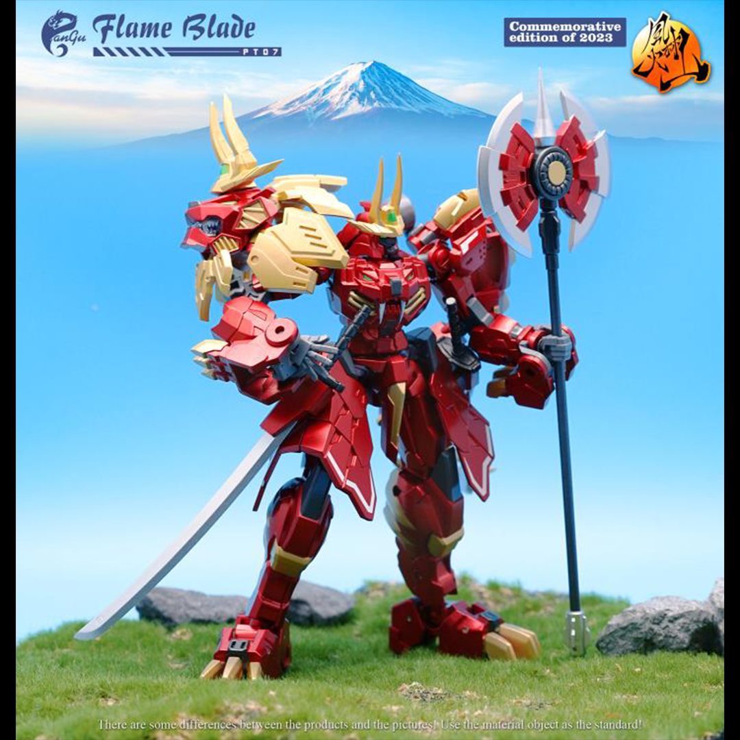 The PT-07 Flame Blade figure presents as a commemorative edition of 2023 from Pangu Toys and can convert from a robot to a lion! Standing just under 6 inches tall, Flame Blade comes with several interchangeable parts and accessories for an even greater arrangement of display opportunities.