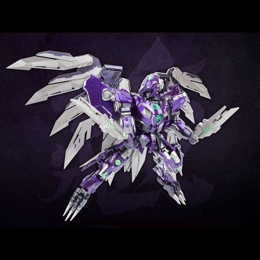 Next up in Cang-Toys' converting figure series is CT-Chiyou-03X X-Firmament! X-Firmament converts from a robot to bird of prey. The X-Firmament figure features a metallic purple and green color scheme, which is a contrast to the original Firmament figure. 