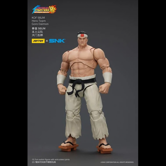 A new fighter is approaching! From the legendary fighting game The King of Fighters '98: Ultimate Match comes the next challenger in 1/18 scale: Goro Daimon! Dressed in his traditional gi outfit, Goro comes with a large variety of accessories including energy effects when executing a powerful move. Recreated with superb detailing lifted directly from the game, you'll be able to re-enact your favorite brawls or envision your own high stakes fights in style! Don't miss out on growing your KOF collection and o