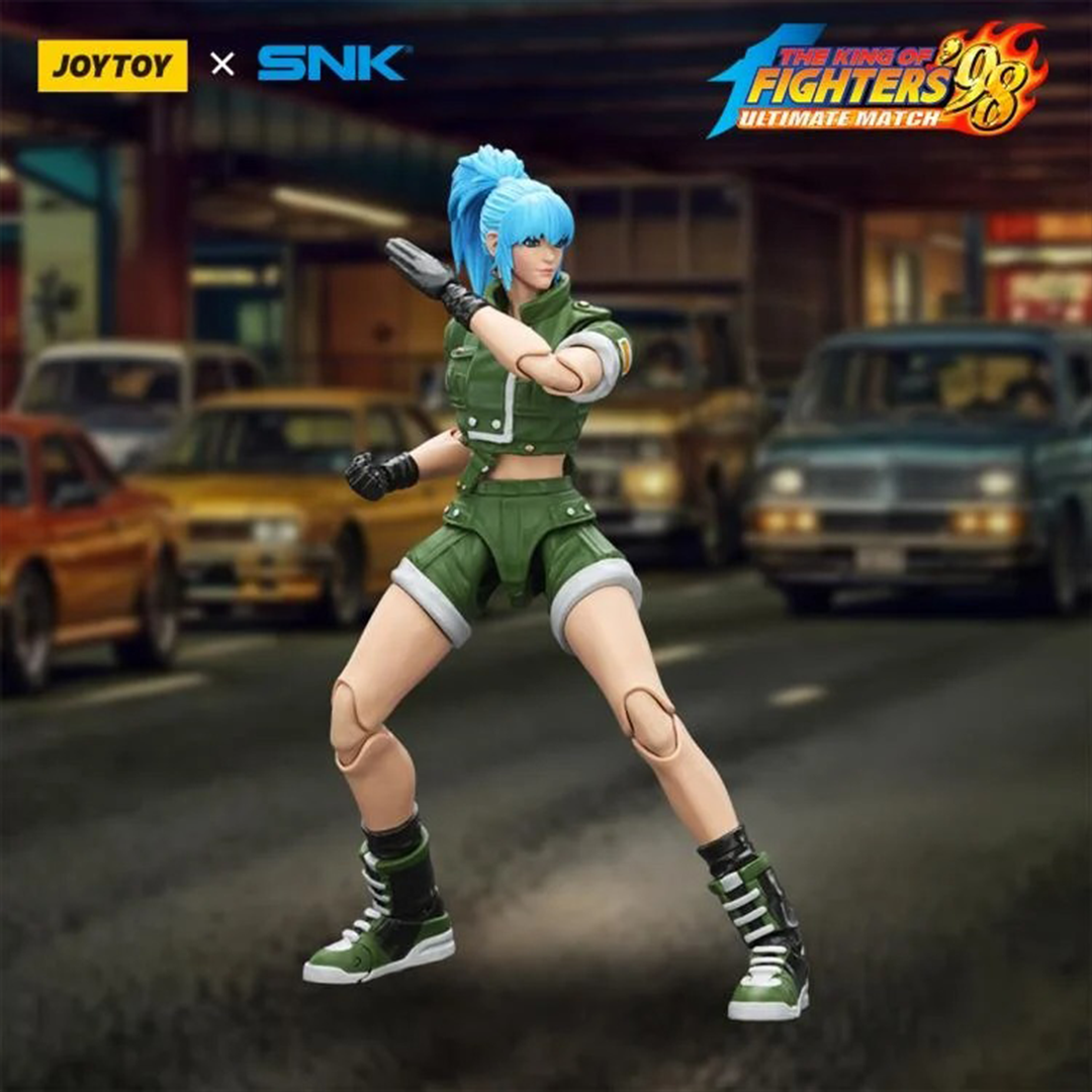 A new fighter is approaching! From the legendary fighting game The King of Fighters '98: Ultimate Match comes the next challenger in 1/18 scale: Leona Heidern! Dressed in her traditional soldier green outfit, Leona comes with a large variety of accessories including energy effects when executing her special moves. Recreated with outstanding detail lifted directly from the game, you'll be able to re-enact your favorite brawls or envision your own high stakes fights in style! Don't miss out on growing your KO