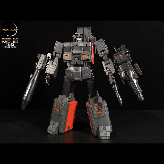 From Moon Studios comes a series of robot figures which transform from robots into different types of trains. The MSO3 Iron Arm figure transforms from a robot into a train. Collect transforming figures MSO1 through MSO6 and you can combine them to form Radiatron!