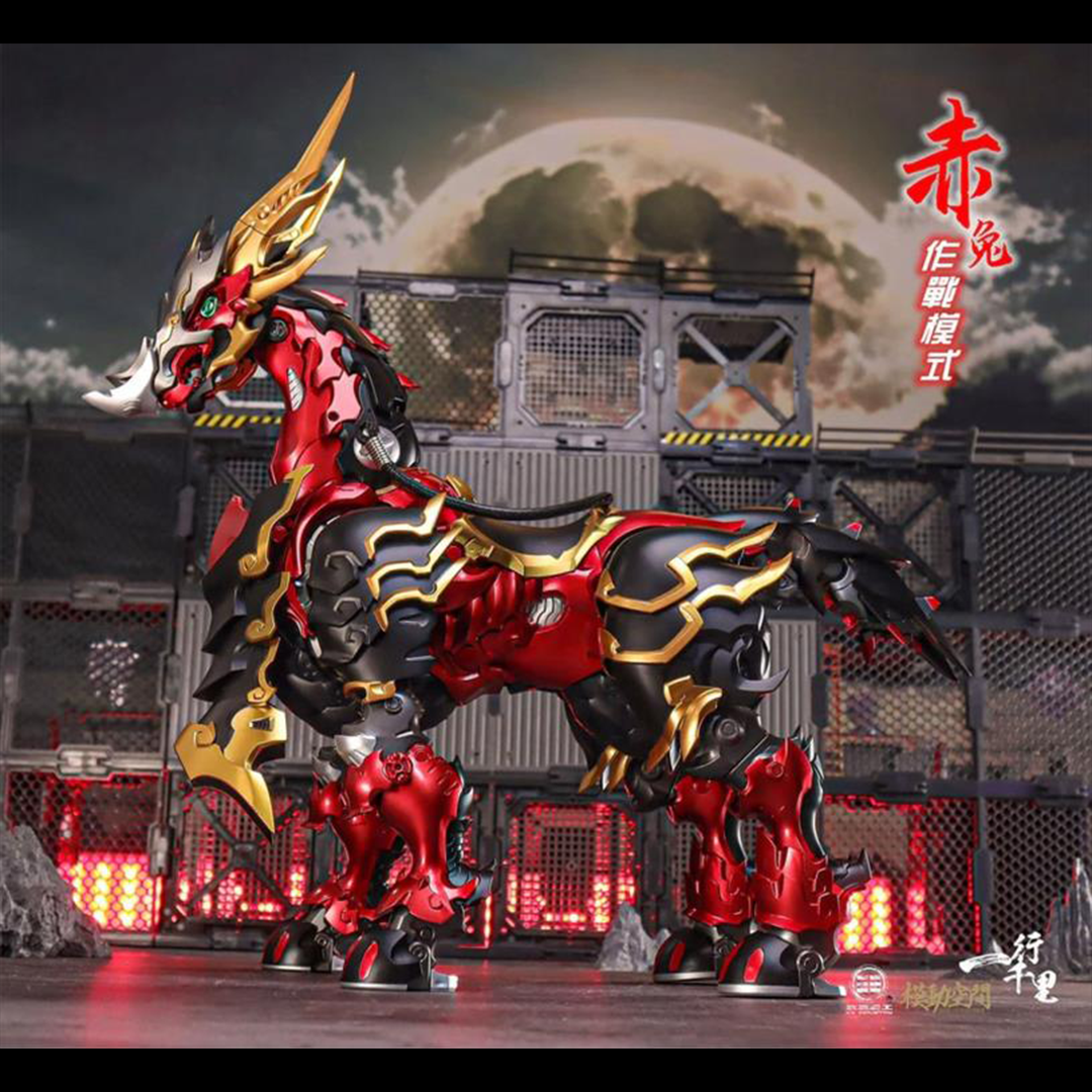 From Motor Nuclear comes a new 1/72 scale transforming figure, The Red Hare. The figure can transform from a majestic metallic horse into a motorcycle. 
When it horse form, the figure stands over 15 inches tall, while in vehicle mode it measures over 18 inches in length. This figure is a ride-on vehicle type and is suitable for most 72-scale alloy-finished toys.