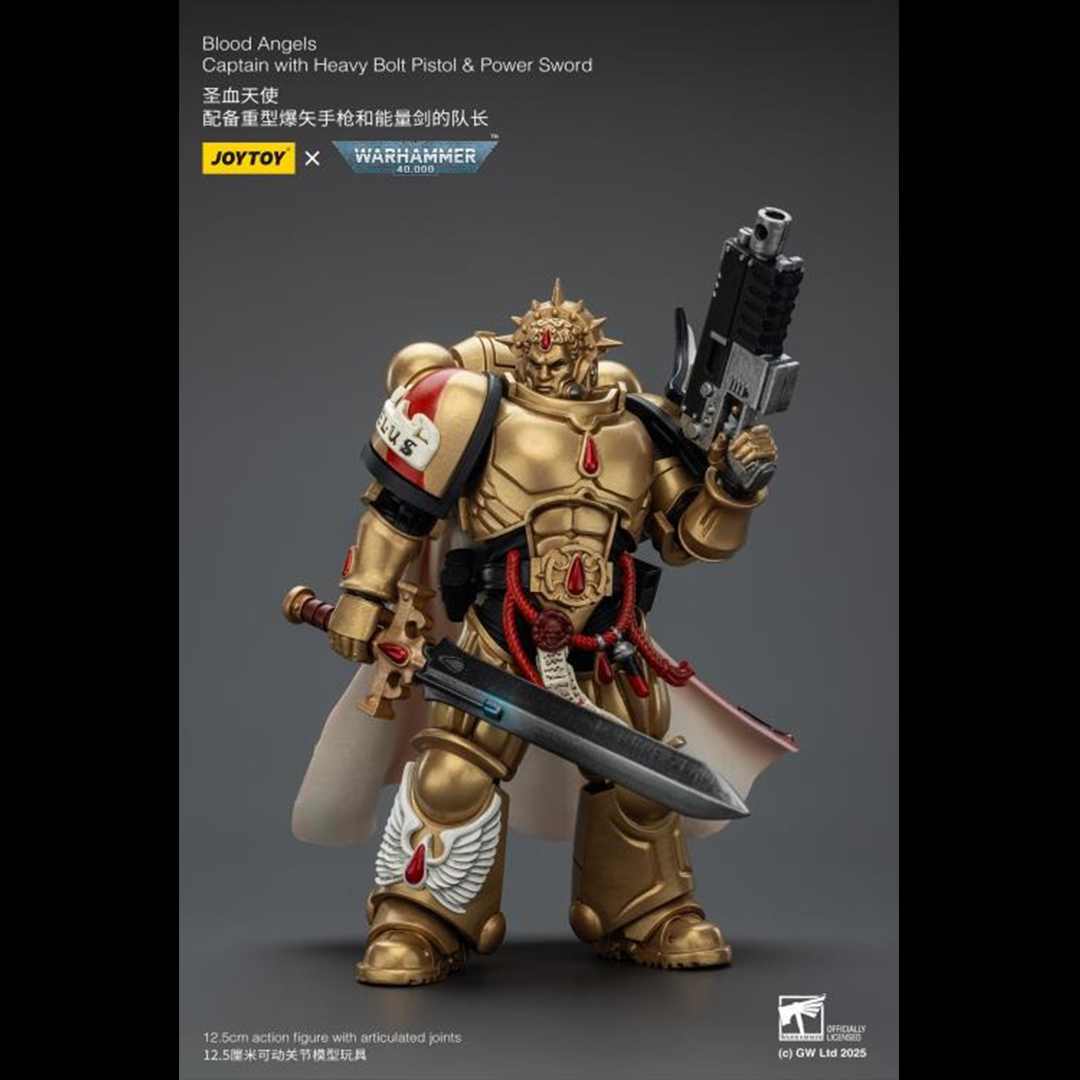 Lead the charge with the JoyToy Warhammer 40k Blood Angels Captain, armed with a Heavy Bolt Pistol and a gleaming Power Sword. This 1/18 scale figure captures the valor, discipline, and striking detail of the Blood Angels Chapter, perfect for collectors and fans of the Imperium’s finest.