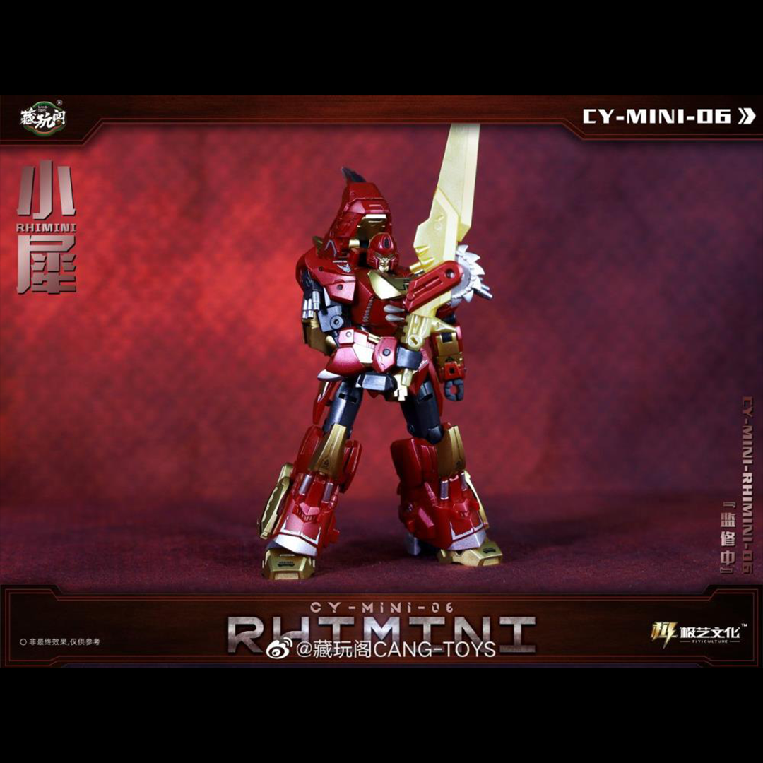 The CY-Mini-06 Rhimini converts into a rhino-like creature from a robot and forms the leg of a mini combining figure. Rhimini stands about 3.75 inches tall in robot mode and comes with a blaster and sword for weapons. CT-Chiyou-06 Hugerhino and other figures shown not included (sold separately)