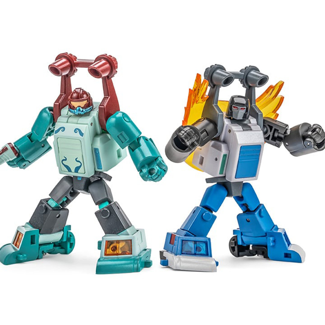 NA H61 Btekelili & H61 Famsterdamned are miniature vehicles by Newage that are able to convert into battle robots. Standing about 2 inches tall in robot mode, these figures come armed with blasters and feature multiple points of articulation