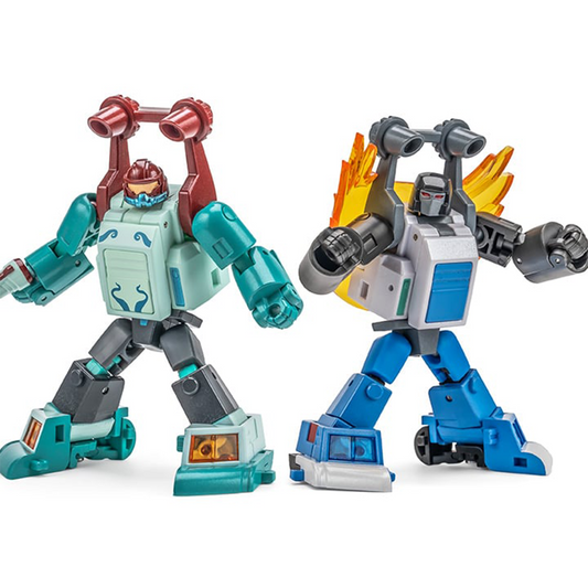 NA H61 Btekelili & H61 Famsterdamned are miniature vehicles by Newage that are able to convert into battle robots. Standing about 2 inches tall in robot mode, these figures come armed with blasters and feature multiple points of articulation