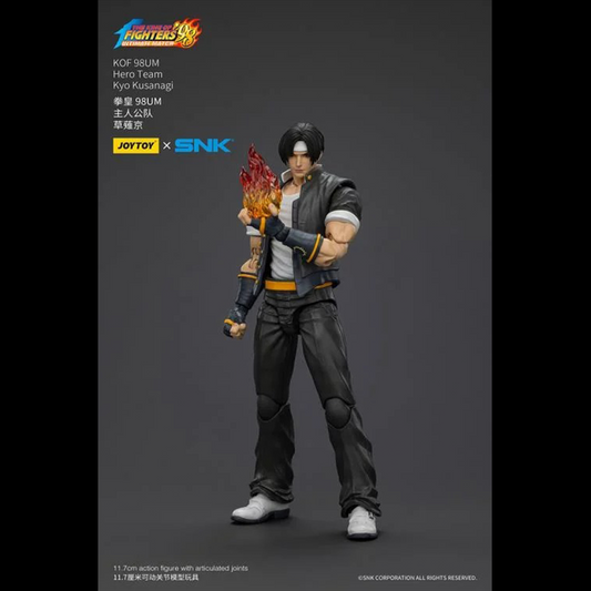 A new fighter is approaching! From the legendary fighting game The King of Fighters '98: Ultimate Match comes the next challenger in 1/18 scale: Kyo Kusanagi! Dressed in his traditional black and yellow outfit, Kyo comes with a large variety of accessories including flame effects when executing a powerful move. Recreated with jaw-dropping details lifted directly from the game, you'll be able to re-enact your favorite brawls or envision your own high stakes fights in style! Don't miss out on growing your KOF