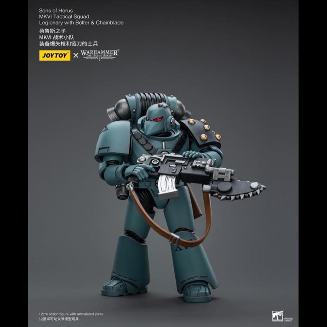 Unleash the JoyToy Warhammer 40K Sons of Horus MKVI Tactical Squad Legionary with Bolter & Chainblade action figure’s incredible power! The Space Marine Legions’ core unit, tactical squads are the means by which the Great Crusade retook most of the galaxy. Legion Tactical squads, equipped with even more impressive weaponry and led by seasoned Tactical sergeants, were at the forefront of nearly every significant battle during the Horus Heresy. The squads were composed of Legionaries with devastating bolters.