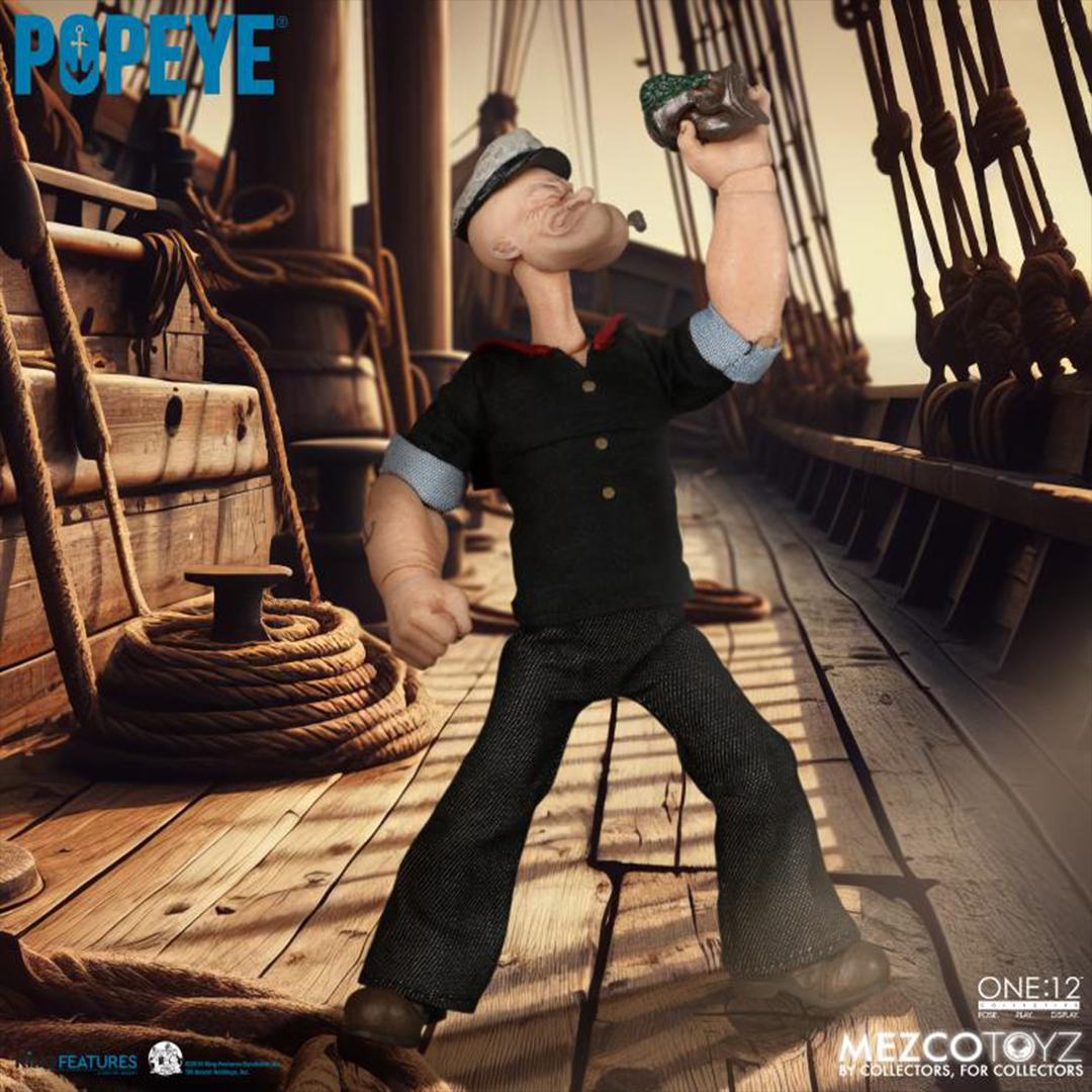 The One:12 Collective Popeye figure includes two masterfully crafted head portraits: a stern stare and a salty glare. Authentically presented in his classic sailor clothing and a removable pea coat, Popeye comes complete with a wide range of accessories including: a functional drawstring duffle bag, a collapsible spy glass, a compass with hinged lid, two spinach cans, three different hats, and two styles of corncob pipes.
