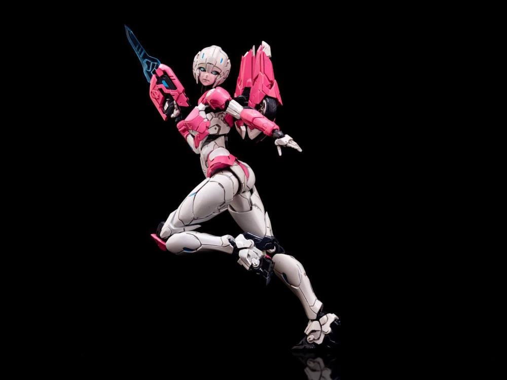 Arcee joins the Furai model kit line! Once complete this Arcee model kit becomes a fully articulated figure that will be sure to stand out in any Transformers collection!