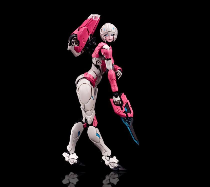 Arcee joins the Furai model kit line! Once complete this Arcee model kit becomes a fully articulated figure that will be sure to stand out in any Transformers collection!