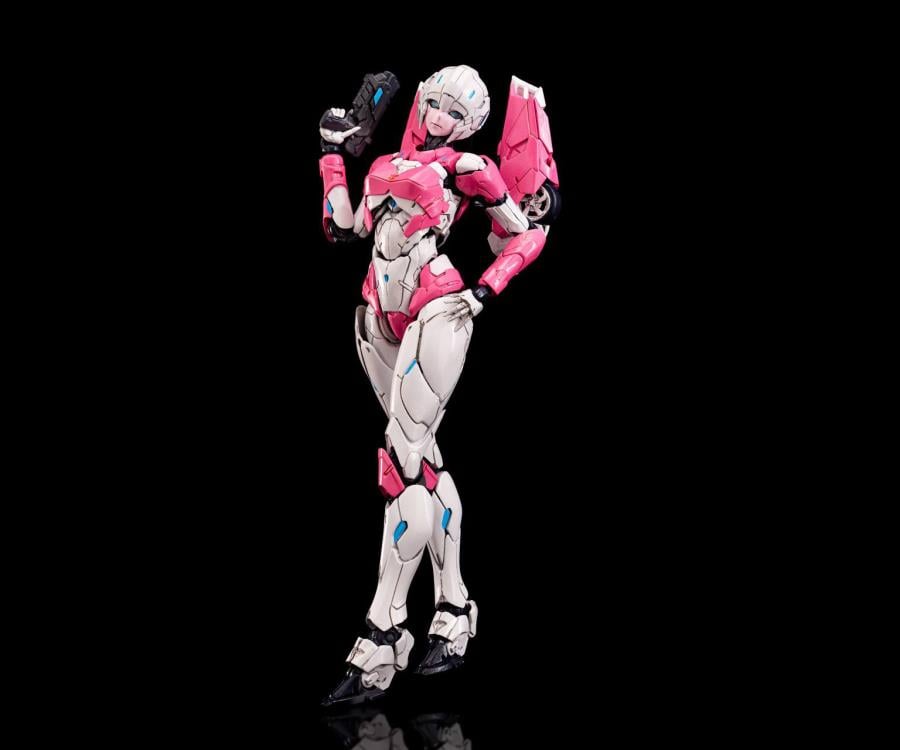 Arcee joins the Furai model kit line! Once complete this Arcee model kit becomes a fully articulated figure that will be sure to stand out in any Transformers collection!