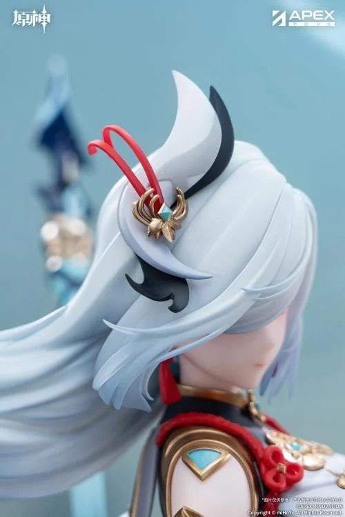 From the popular Genshin Impact video game comes the Shenhe (Lonesome Transcendance Ver.) 1/7 scale figure by Apex Toys! Shenhe is displayed in her memorable outfit from the game while standing on a rock base as she holds her signature weapon Calamity Queller in an iconic pose. This figure is just under 12 inches in height and is intricately detailed to capture the various elements of the character from the game in figure form!