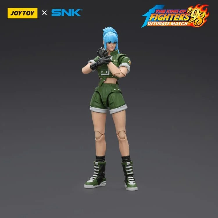 A new fighter is approaching! From the legendary fighting game The King of Fighters '98: Ultimate Match comes the next challenger in 1/18 scale: Leona Heidern! Dressed in her traditional soldier green outfit, Leona comes with a large variety of accessories including energy effects when executing her special moves. Recreated with outstanding detail lifted directly from the game, you'll be able to re-enact your favorite brawls or envision your own high stakes fights in style! Don't miss out on growing your KO