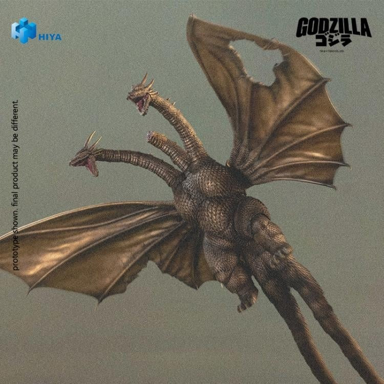 From Godzilla vs. King Ghidorah (1991), the iconic King Ghidorah soars into the Hiya Toys EXQUISITE BASIC Series in his battle-damaged form! This detailed figure captures King Ghidorah in his post-battle state, faithfully recreating the scorched and torn appearance from his intense clash with Godzilla. The figure features a charred, scorched-brown color scheme with realistic sculpting and film-accurate detail! Standing an imposing 13" tall with an impressive 18.5" wingspan