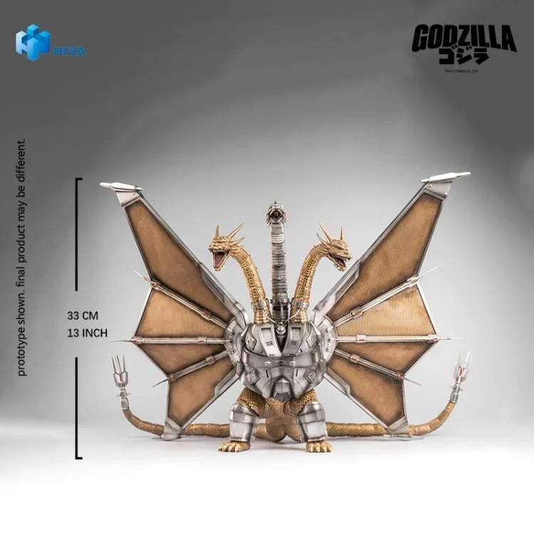 Mecha King Ghidorah from Godzilla vs. King Ghidorah (1991) joins Hiya Toys' EXQUISITE BASIC Series!
The story follows after the initial confrontation between Godzilla and King Ghidorah, Emi Kano from the future utilizes advanced 23rd-century technology to combat Godzilla. She salvages the remains of King Ghidorah beneath the sea and modifies into Mecha King Ghidorah—a formidable cyborg of biology and cutting-edge machinery. This mechanical titan makes its dramatic debut in the climactic final battle in Shi