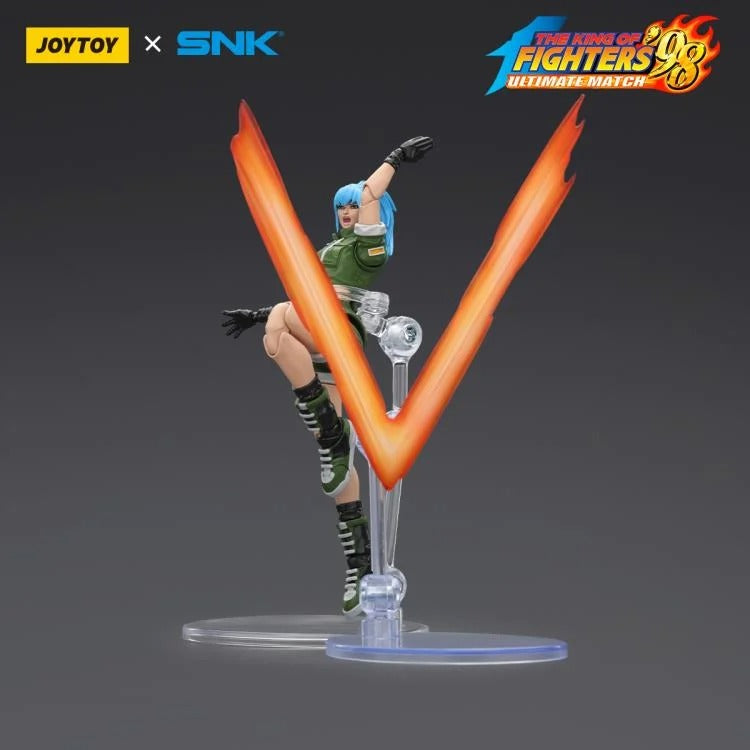A new fighter is approaching! From the legendary fighting game The King of Fighters '98: Ultimate Match comes the next challenger in 1/18 scale: Leona Heidern! Dressed in her traditional soldier green outfit, Leona comes with a large variety of accessories including energy effects when executing her special moves. Recreated with outstanding detail lifted directly from the game, you'll be able to re-enact your favorite brawls or envision your own high stakes fights in style! Don't miss out on growing your KO