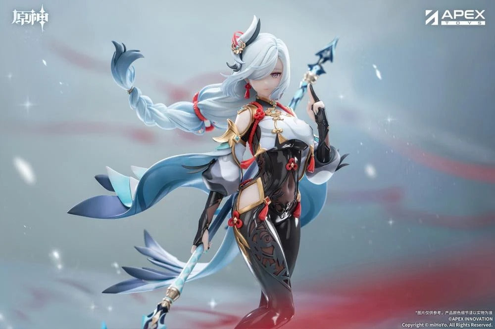 From the popular Genshin Impact video game comes the Shenhe (Lonesome Transcendance Ver.) 1/7 scale figure by Apex Toys! Shenhe is displayed in her memorable outfit from the game while standing on a rock base as she holds her signature weapon Calamity Queller in an iconic pose. This figure is just under 12 inches in height and is intricately detailed to capture the various elements of the character from the game in figure form!