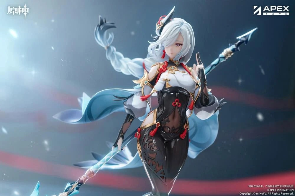 From the popular Genshin Impact video game comes the Shenhe (Lonesome Transcendance Ver.) 1/7 scale figure by Apex Toys! Shenhe is displayed in her memorable outfit from the game while standing on a rock base as she holds her signature weapon Calamity Queller in an iconic pose. This figure is just under 12 inches in height and is intricately detailed to capture the various elements of the character from the game in figure form!