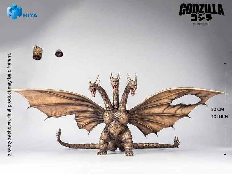 From Godzilla vs. King Ghidorah (1991), the iconic King Ghidorah soars into the Hiya Toys EXQUISITE BASIC Series in his battle-damaged form! This detailed figure captures King Ghidorah in his post-battle state, faithfully recreating the scorched and torn appearance from his intense clash with Godzilla. The figure features a charred, scorched-brown color scheme with realistic sculpting and film-accurate detail! Standing an imposing 13" tall with an impressive 18.5" wingspan