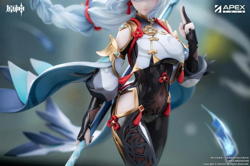 From the popular Genshin Impact video game comes the Shenhe (Lonesome Transcendance Ver.) 1/7 scale figure by Apex Toys! Shenhe is displayed in her memorable outfit from the game while standing on a rock base as she holds her signature weapon Calamity Queller in an iconic pose. This figure is just under 12 inches in height and is intricately detailed to capture the various elements of the character from the game in figure form!