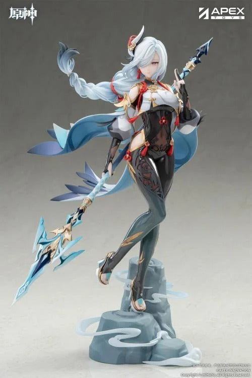 From the popular Genshin Impact video game comes the Shenhe (Lonesome Transcendance Ver.) 1/7 scale figure by Apex Toys! Shenhe is displayed in her memorable outfit from the game while standing on a rock base as she holds her signature weapon Calamity Queller in an iconic pose. This figure is just under 12 inches in height and is intricately detailed to capture the various elements of the character from the game in figure form!