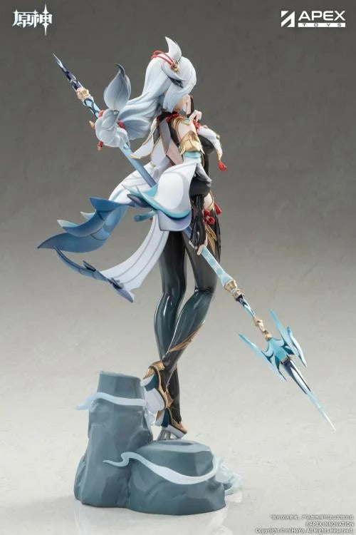 From the popular Genshin Impact video game comes the Shenhe (Lonesome Transcendance Ver.) 1/7 scale figure by Apex Toys! Shenhe is displayed in her memorable outfit from the game while standing on a rock base as she holds her signature weapon Calamity Queller in an iconic pose. This figure is just under 12 inches in height and is intricately detailed to capture the various elements of the character from the game in figure form!