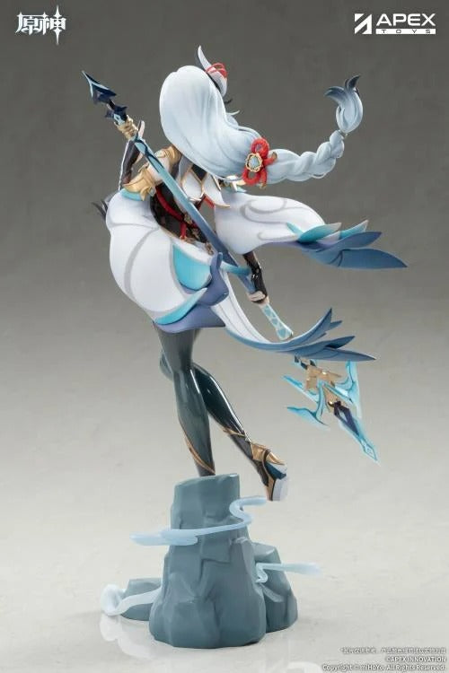 From the popular Genshin Impact video game comes the Shenhe (Lonesome Transcendance Ver.) 1/7 scale figure by Apex Toys! Shenhe is displayed in her memorable outfit from the game while standing on a rock base as she holds her signature weapon Calamity Queller in an iconic pose. This figure is just under 12 inches in height and is intricately detailed to capture the various elements of the character from the game in figure form!
