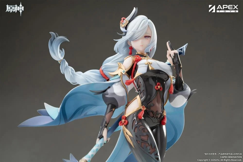 From the popular Genshin Impact video game comes the Shenhe (Lonesome Transcendance Ver.) 1/7 scale figure by Apex Toys! Shenhe is displayed in her memorable outfit from the game while standing on a rock base as she holds her signature weapon Calamity Queller in an iconic pose. This figure is just under 12 inches in height and is intricately detailed to capture the various elements of the character from the game in figure form!
