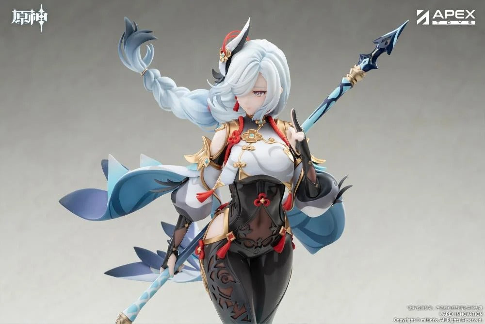From the popular Genshin Impact video game comes the Shenhe (Lonesome Transcendance Ver.) 1/7 scale figure by Apex Toys! Shenhe is displayed in her memorable outfit from the game while standing on a rock base as she holds her signature weapon Calamity Queller in an iconic pose. This figure is just under 12 inches in height and is intricately detailed to capture the various elements of the character from the game in figure form!