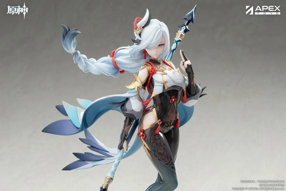 From the popular Genshin Impact video game comes the Shenhe (Lonesome Transcendance Ver.) 1/7 scale figure by Apex Toys! Shenhe is displayed in her memorable outfit from the game while standing on a rock base as she holds her signature weapon Calamity Queller in an iconic pose. This figure is just under 12 inches in height and is intricately detailed to capture the various elements of the character from the game in figure form!
