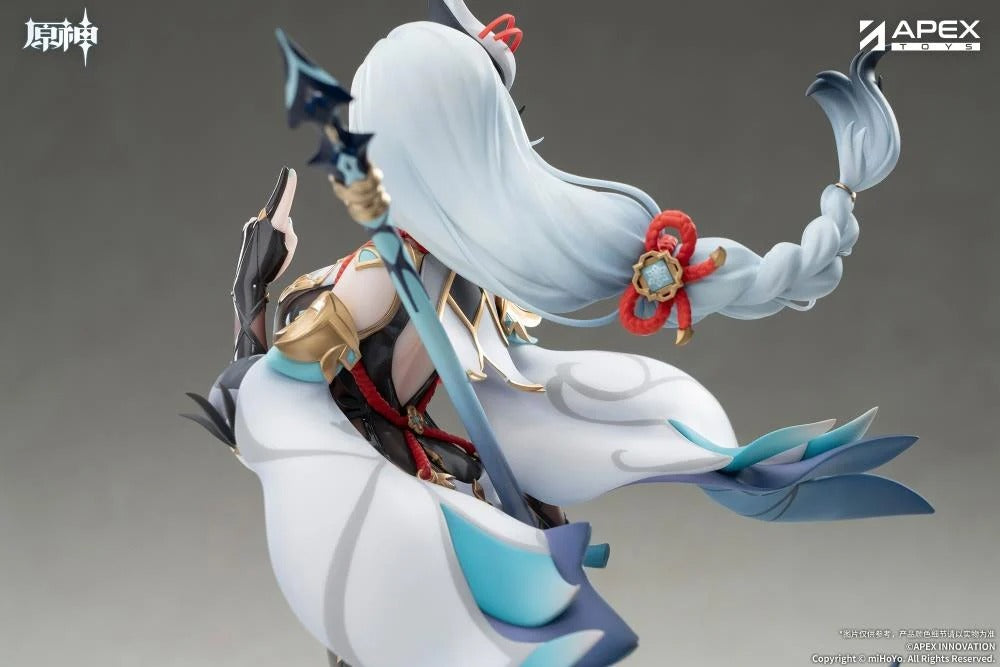 From the popular Genshin Impact video game comes the Shenhe (Lonesome Transcendance Ver.) 1/7 scale figure by Apex Toys! Shenhe is displayed in her memorable outfit from the game while standing on a rock base as she holds her signature weapon Calamity Queller in an iconic pose. This figure is just under 12 inches in height and is intricately detailed to capture the various elements of the character from the game in figure form!