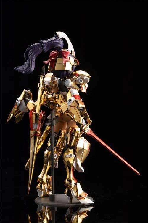 Introducing the latest addition to the Frame Arms Girl series, the golden knight DURGA GOLD RITTER! Frame Arms Girl Durga I is a re-imagining of ToMo's mecha design transformed into an original female character based on an illustration by E-ji Komatsu. A new version of Durga I known as Durga Gold Ritter is here with luxurious gold-plated armor and additional parts.