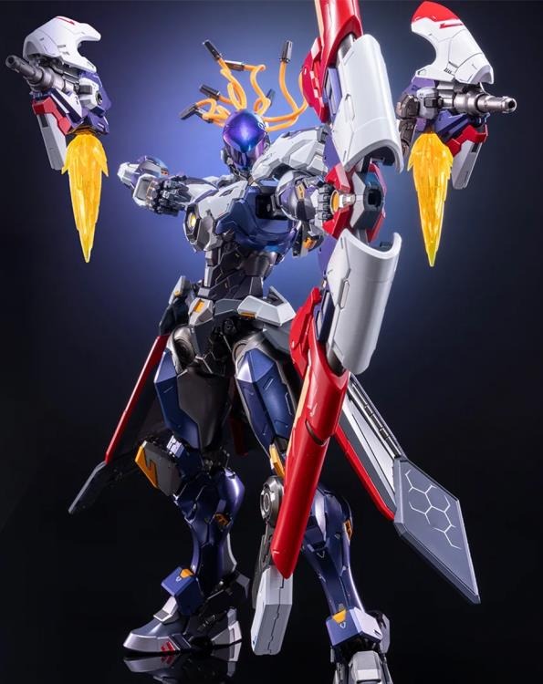 MoShow Toys presents the next figure in the Excellent Class of their Progenitor Effect series of unique mecha action figures: Hou Yi from Honor of Kings!
The Hou Yi Mecha action figure features a bow and a pair of blaster cannons, which can either be attached to the main figure or be played with separately, with blast effects and thrust effect parts. The chest piece also features a glowing circle.