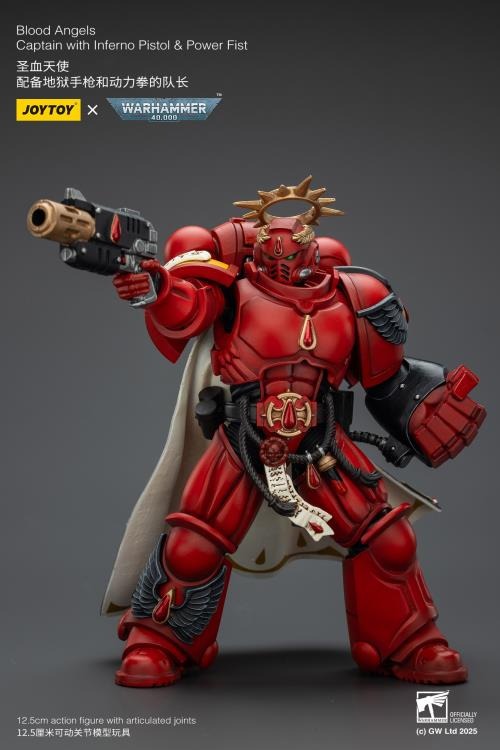 Lead your Blood Angels to glory with this highly detailed 1/18 scale action figure of the Captain, armed with a blazing Inferno Pistol and a crushing Power Fist. Crafted by JoyToy in collaboration with Games Workshop, this figure captures the fierce nobility and battle-ready stance of the Blood Angels Chapter. Perfect for display or dynamic posing on the battlefield!
