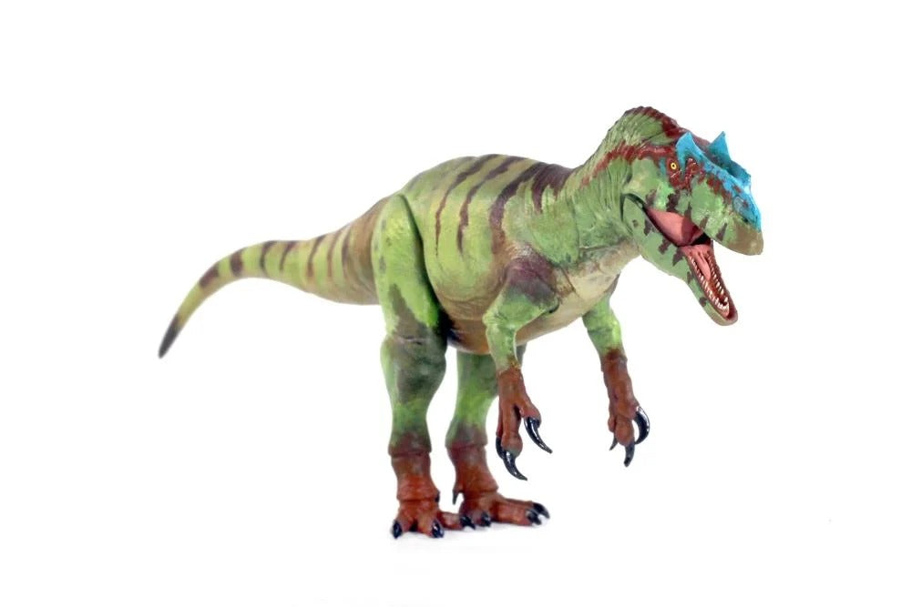 One of Creative Beast Studio’s biggest claims to fame is their Beasts of the Mesozoic figure collection. The Mesozoic Era comprises the Triassic, Jurassic, and Cretaceous periods of geological time, and the creature figures featured in the series include dinosaurs that lived during that time.
Figure measures 10 inches (25.4cm) long and features 22 points of articulation, 3 sets of interchangeable feet, posing wire in the tail end, and an adjustable clear plastic display base with rubber pad.