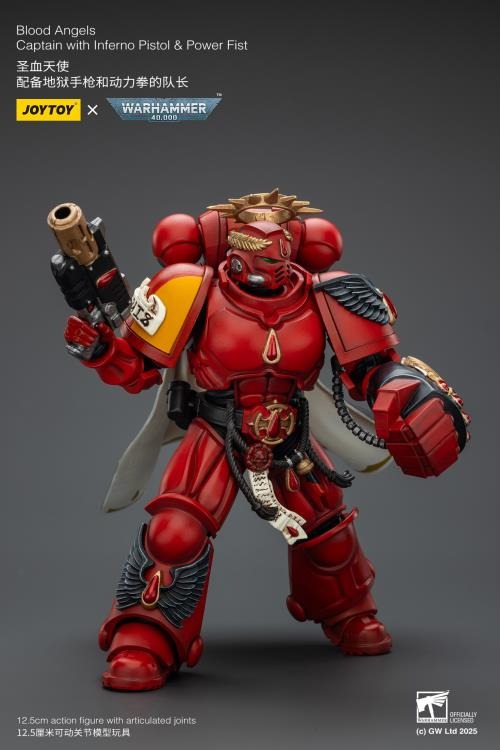 Lead your Blood Angels to glory with this highly detailed 1/18 scale action figure of the Captain, armed with a blazing Inferno Pistol and a crushing Power Fist. Crafted by JoyToy in collaboration with Games Workshop, this figure captures the fierce nobility and battle-ready stance of the Blood Angels Chapter. Perfect for display or dynamic posing on the battlefield!