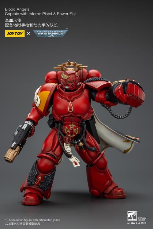 Lead your Blood Angels to glory with this highly detailed 1/18 scale action figure of the Captain, armed with a blazing Inferno Pistol and a crushing Power Fist. Crafted by JoyToy in collaboration with Games Workshop, this figure captures the fierce nobility and battle-ready stance of the Blood Angels Chapter. Perfect for display or dynamic posing on the battlefield!