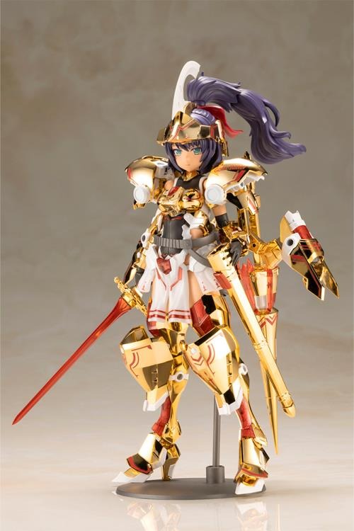 Introducing the latest addition to the Frame Arms Girl series, the golden knight DURGA GOLD RITTER! Frame Arms Girl Durga I is a re-imagining of ToMo's mecha design transformed into an original female character based on an illustration by E-ji Komatsu. A new version of Durga I known as Durga Gold Ritter is here with luxurious gold-plated armor and additional parts.