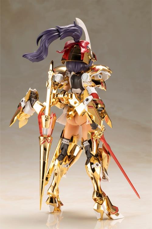 Introducing the latest addition to the Frame Arms Girl series, the golden knight DURGA GOLD RITTER! Frame Arms Girl Durga I is a re-imagining of ToMo's mecha design transformed into an original female character based on an illustration by E-ji Komatsu. A new version of Durga I known as Durga Gold Ritter is here with luxurious gold-plated armor and additional parts.