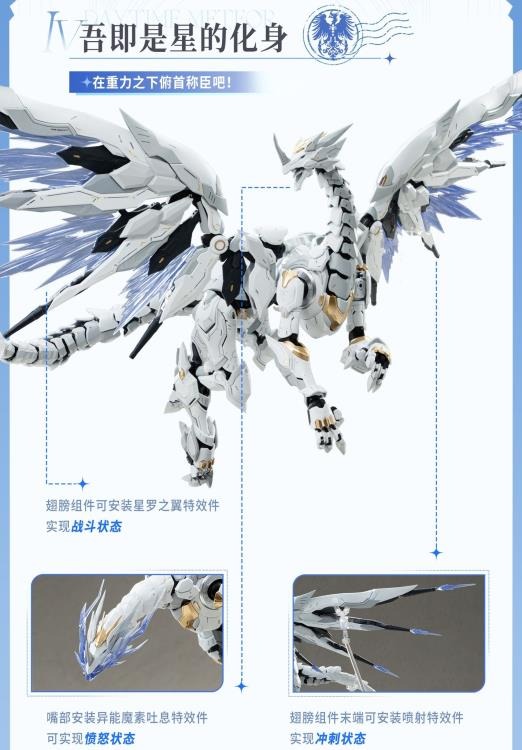 Souling Toys proudly presents the highly anticipated Daytime Meteor model kit. This kit features a dragon and his rider as well short art book featuring the characters and their fantasy world.
Once assembled the dragon is just over 24 inch in length with a wingspan just under 34 inches. The prebuilt diecast joints help to support the giant body. The multi joints in neck and tail provide flexibility for posing. The joint locks located at the wing can keep the wing in place even while extended.
