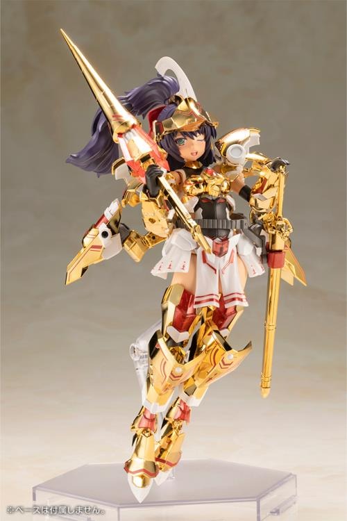 Introducing the latest addition to the Frame Arms Girl series, the golden knight DURGA GOLD RITTER! Frame Arms Girl Durga I is a re-imagining of ToMo's mecha design transformed into an original female character based on an illustration by E-ji Komatsu. A new version of Durga I known as Durga Gold Ritter is here with luxurious gold-plated armor and additional parts.
