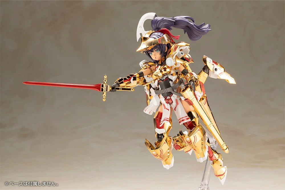 Introducing the latest addition to the Frame Arms Girl series, the golden knight DURGA GOLD RITTER! Frame Arms Girl Durga I is a re-imagining of ToMo's mecha design transformed into an original female character based on an illustration by E-ji Komatsu. A new version of Durga I known as Durga Gold Ritter is here with luxurious gold-plated armor and additional parts.