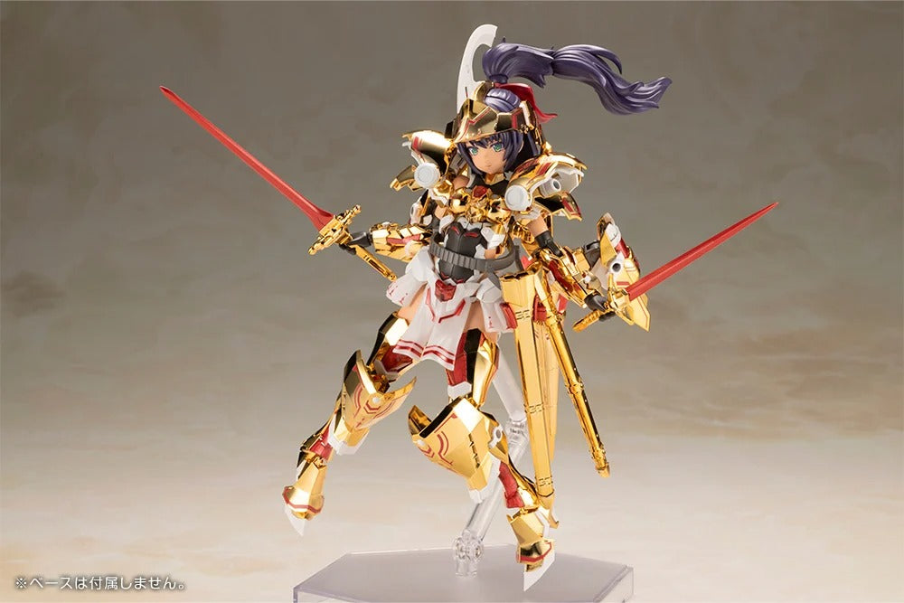 Introducing the latest addition to the Frame Arms Girl series, the golden knight DURGA GOLD RITTER! Frame Arms Girl Durga I is a re-imagining of ToMo's mecha design transformed into an original female character based on an illustration by E-ji Komatsu. A new version of Durga I known as Durga Gold Ritter is here with luxurious gold-plated armor and additional parts.