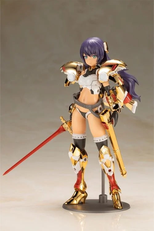 Introducing the latest addition to the Frame Arms Girl series, the golden knight DURGA GOLD RITTER! Frame Arms Girl Durga I is a re-imagining of ToMo's mecha design transformed into an original female character based on an illustration by E-ji Komatsu. A new version of Durga I known as Durga Gold Ritter is here with luxurious gold-plated armor and additional parts.