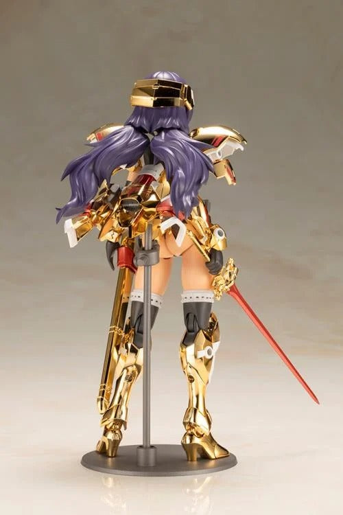 Introducing the latest addition to the Frame Arms Girl series, the golden knight DURGA GOLD RITTER! Frame Arms Girl Durga I is a re-imagining of ToMo's mecha design transformed into an original female character based on an illustration by E-ji Komatsu. A new version of Durga I known as Durga Gold Ritter is here with luxurious gold-plated armor and additional parts.
