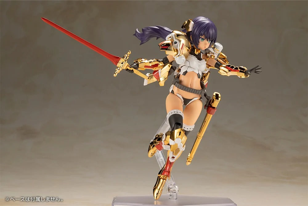 Introducing the latest addition to the Frame Arms Girl series, the golden knight DURGA GOLD RITTER! Frame Arms Girl Durga I is a re-imagining of ToMo's mecha design transformed into an original female character based on an illustration by E-ji Komatsu. A new version of Durga I known as Durga Gold Ritter is here with luxurious gold-plated armor and additional parts.
